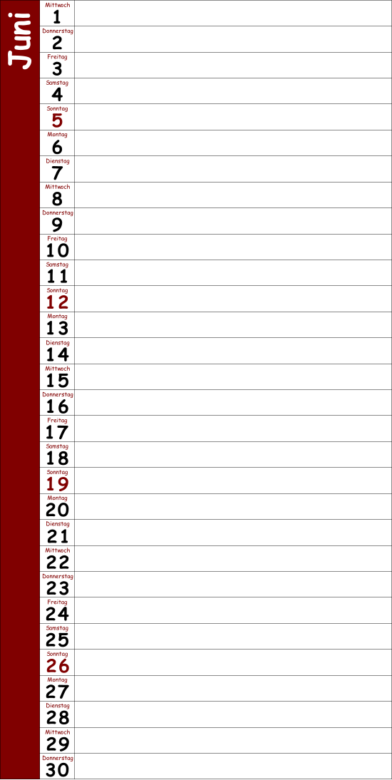 1 2 Mittwoch 3 Donnerstag 4 Freitag 5 Samstag 6 Sonntag 7 Montag 8 Dienstag 9 Mittwoch 10 Donnerstag 11 Freitag 12 Samstag 13 Sonntag 14 Montag 15 Dienstag 16 Mittwoch 17 Donnerstag 18 Freitag 19 Samstag 20 Sonntag 21 Montag 22 Dienstag 23 Mittwoch 24 Donnerstag 25 Freitag 26 Samstag 27 Sonntag 28 Montag 29 J u n i Dienstag 30 Mittwoch Donnerstag